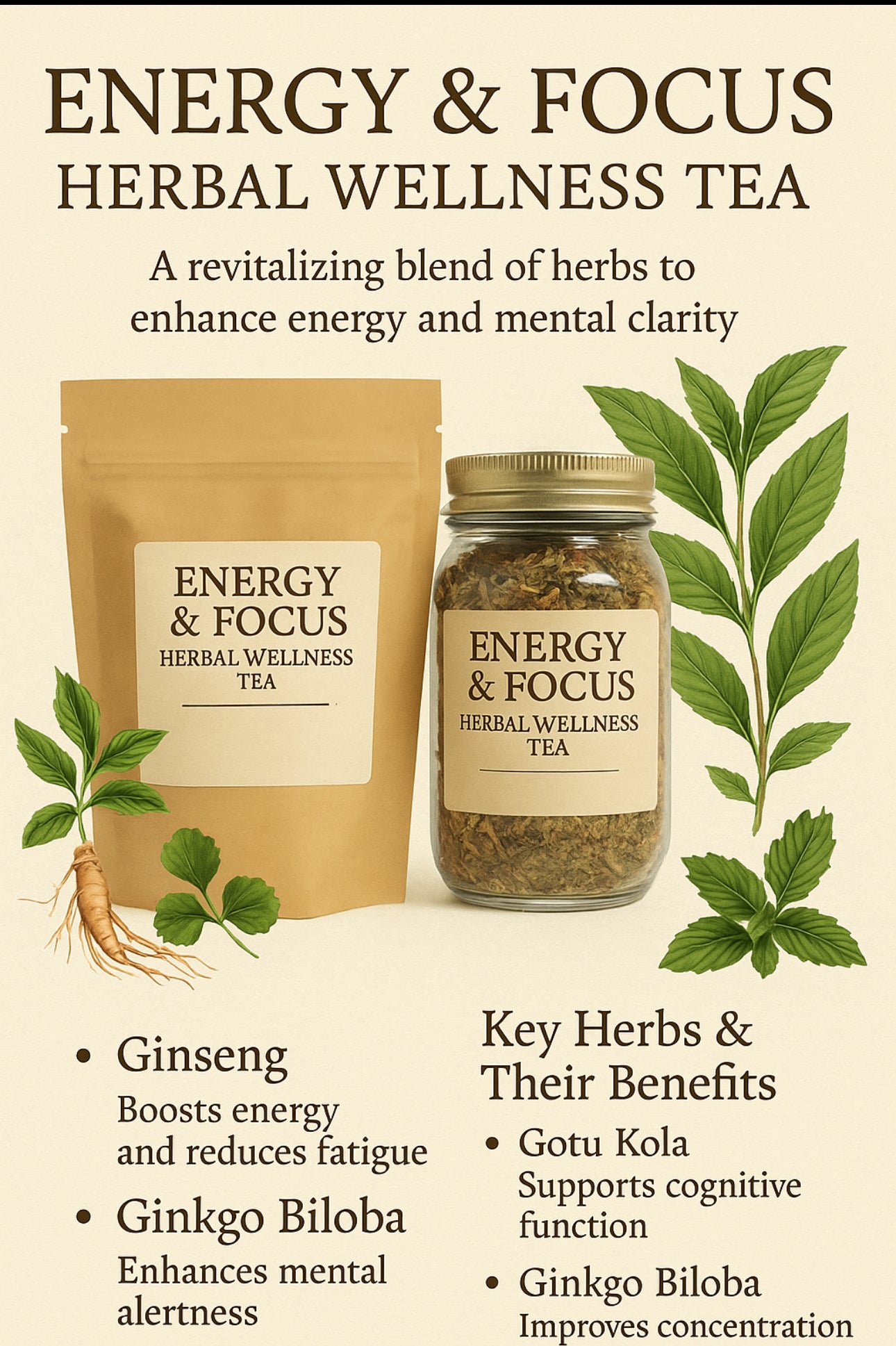 Energy & Focus Herbal Wellness Tea β For Internal Use Only
A revitalizing blend crafted to support mental clarity, stamina, and natural energy.